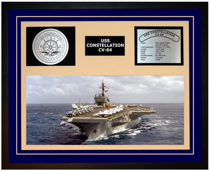 USS CONSTELLATION CV-64 Framed Navy Ship Display Blue