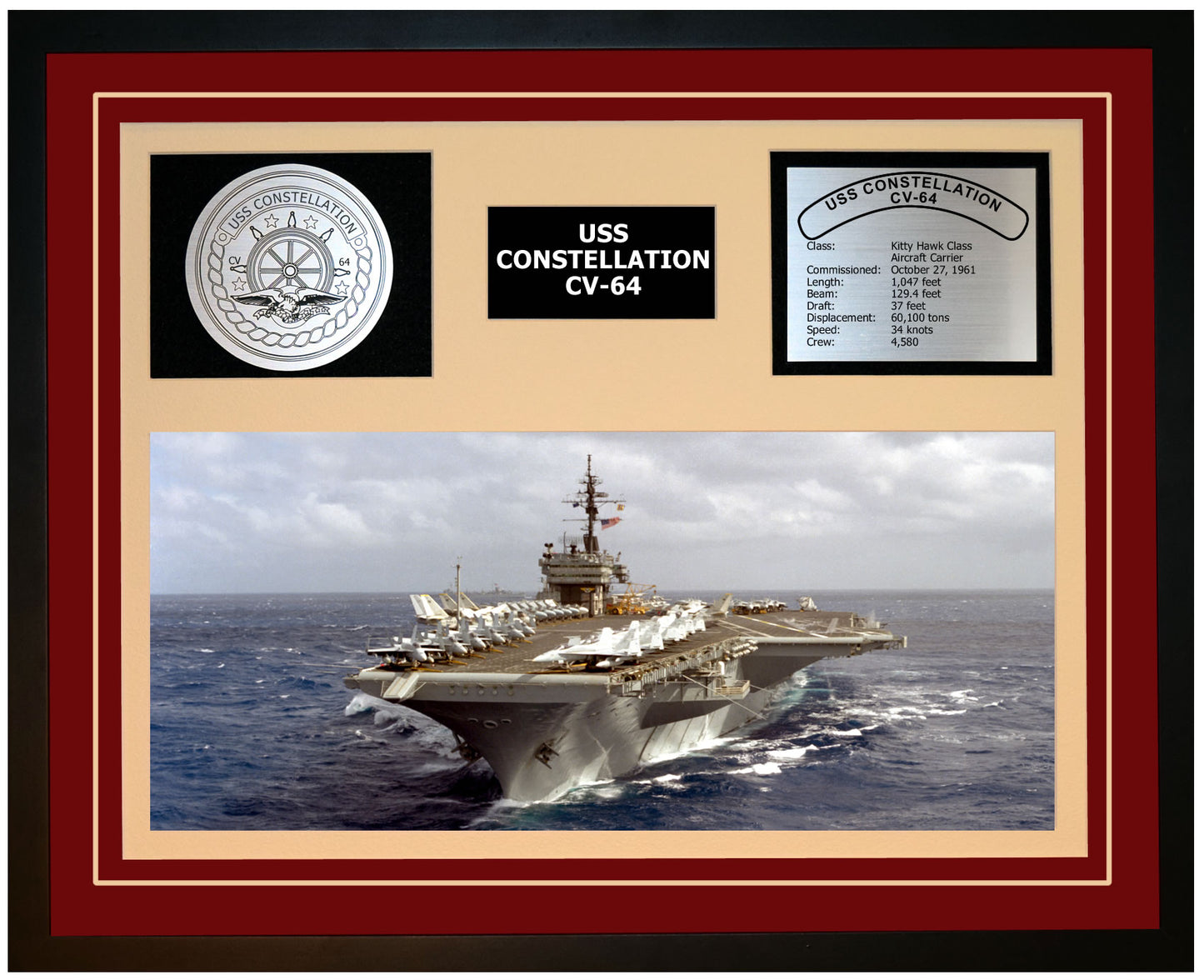 USS CONSTELLATION CV-64 Framed Navy Ship Display Burgundy