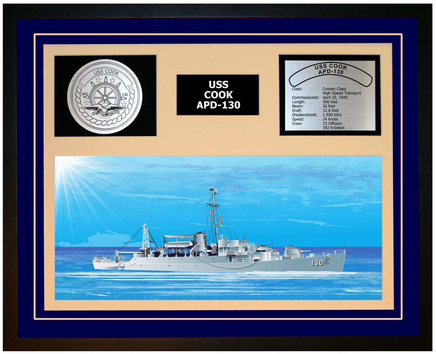 USS COOK APD-130 Framed Navy Ship Display Blue