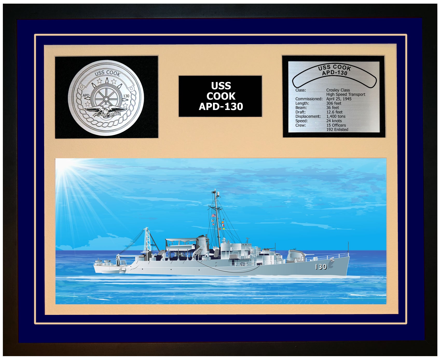 USS COOK APD-130 Framed Navy Ship Display Blue