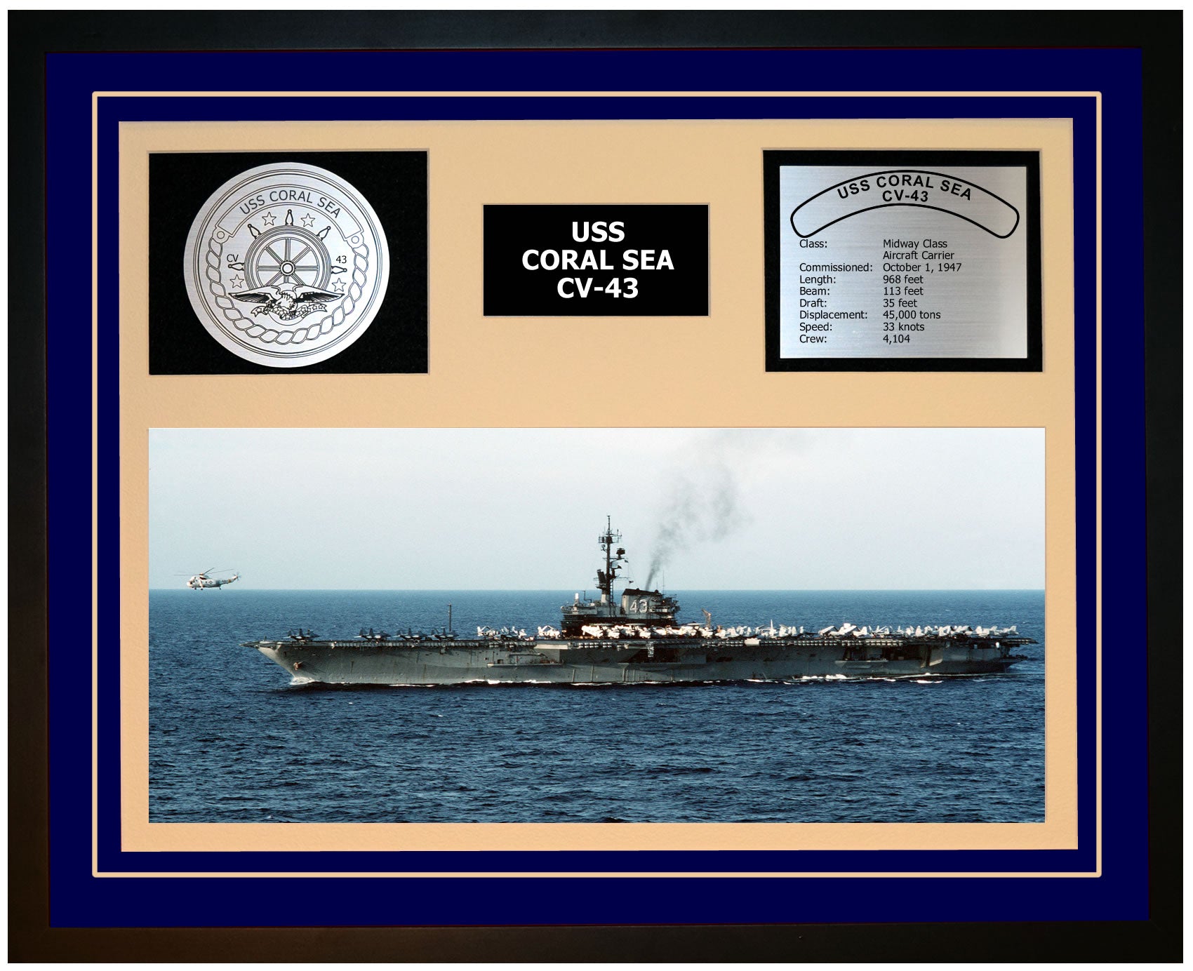 USS CORAL SEA CV-43 Framed Navy Ship Display Blue