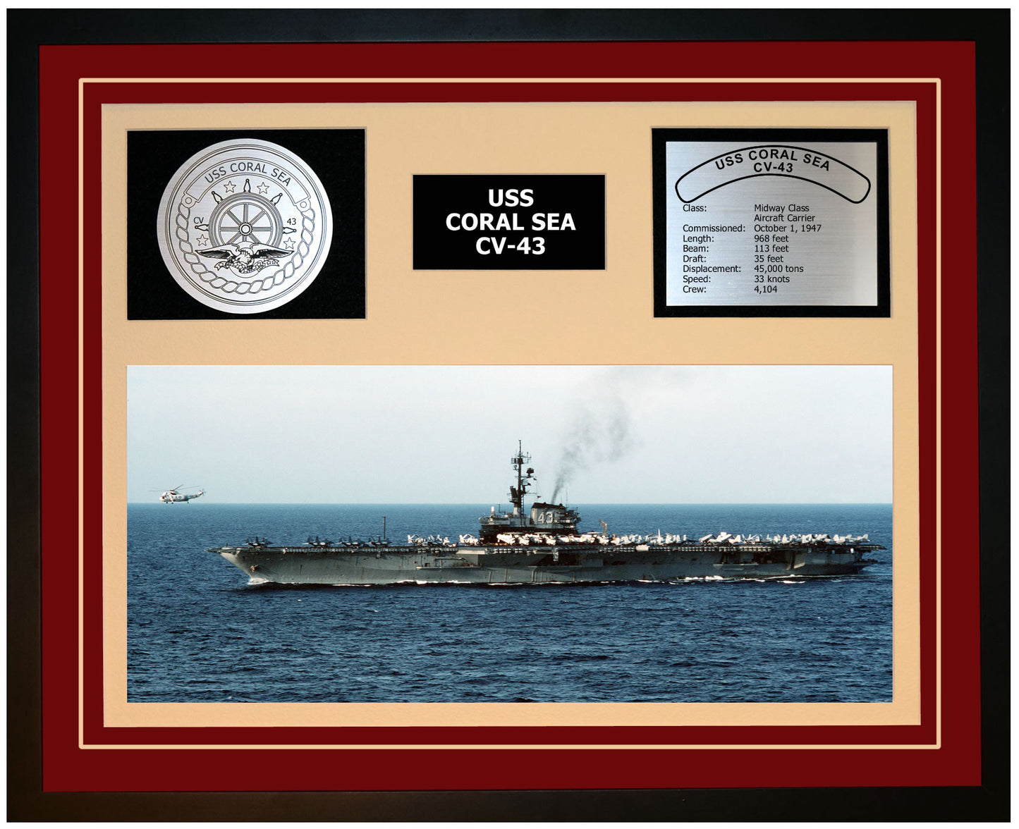 USS CORAL SEA CV-43 Framed Navy Ship Display Burgundy
