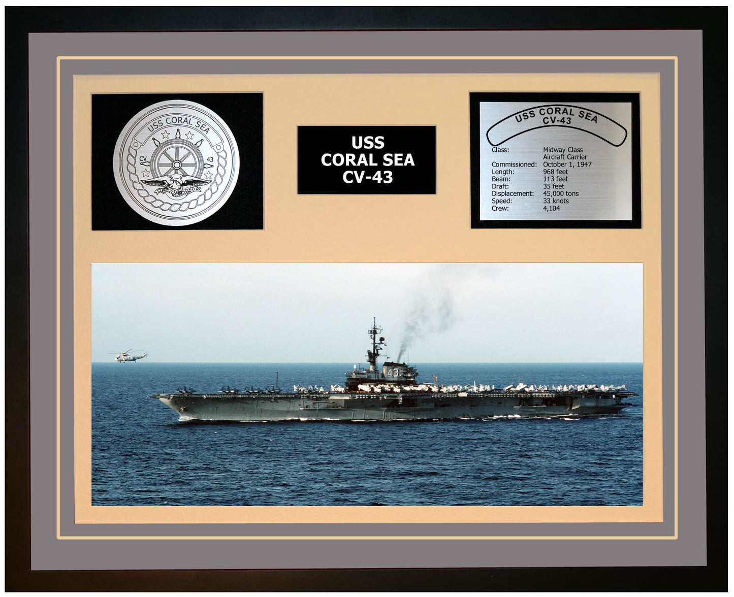 USS CORAL SEA CV-43 Framed Navy Ship Display Grey