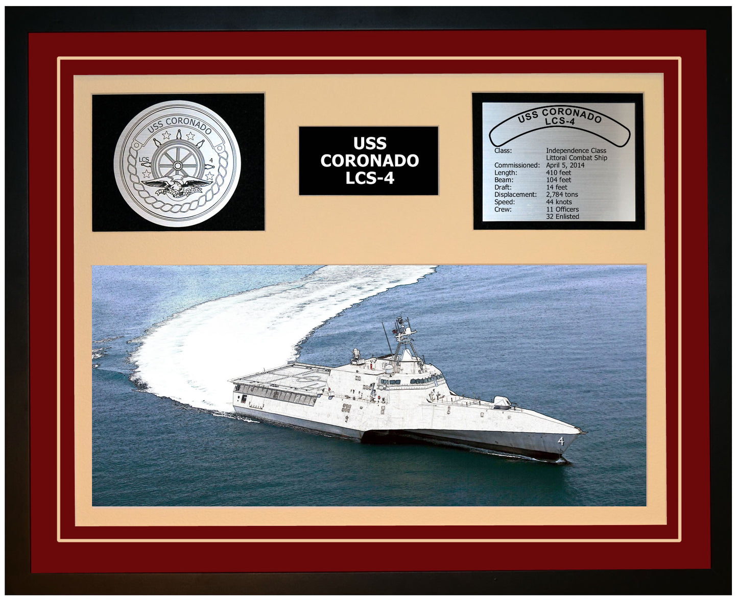 USS CORONADO LCS-4 Framed Navy Ship Display Burgundy