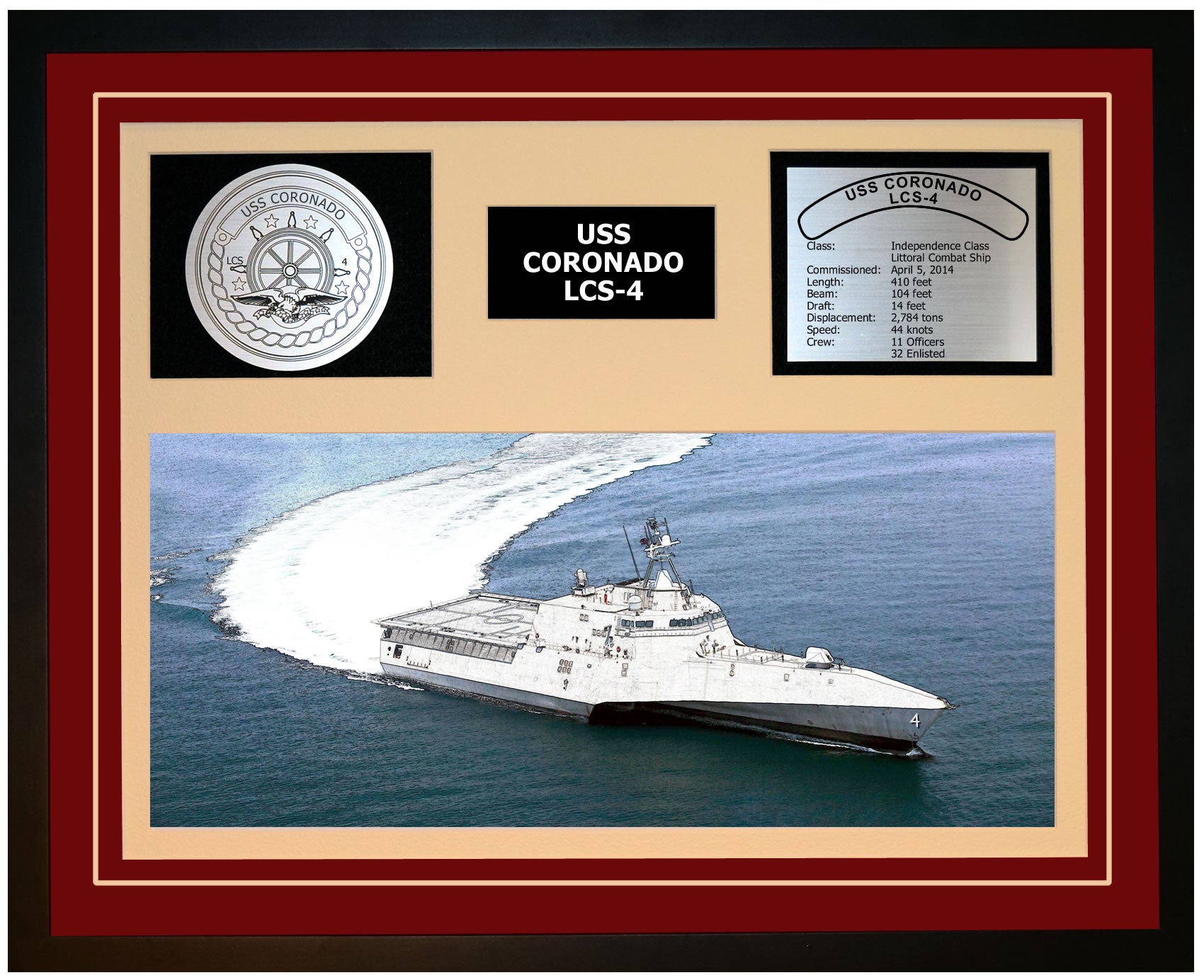 USS CORONADO LCS-4 Framed Navy Ship Display Burgundy