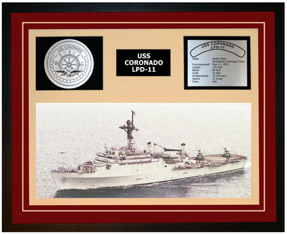 USS CORONADO LPD-11 Framed Navy Ship Display Burgundy