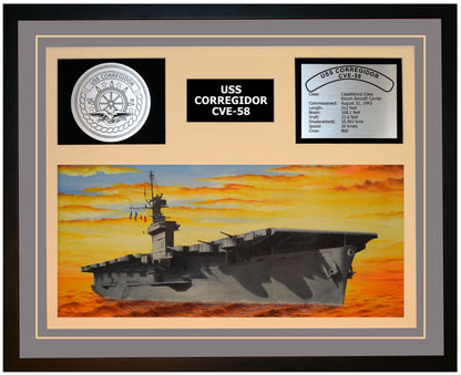 USS CORREGIDOR CVE-58 Framed Navy Ship Display Grey