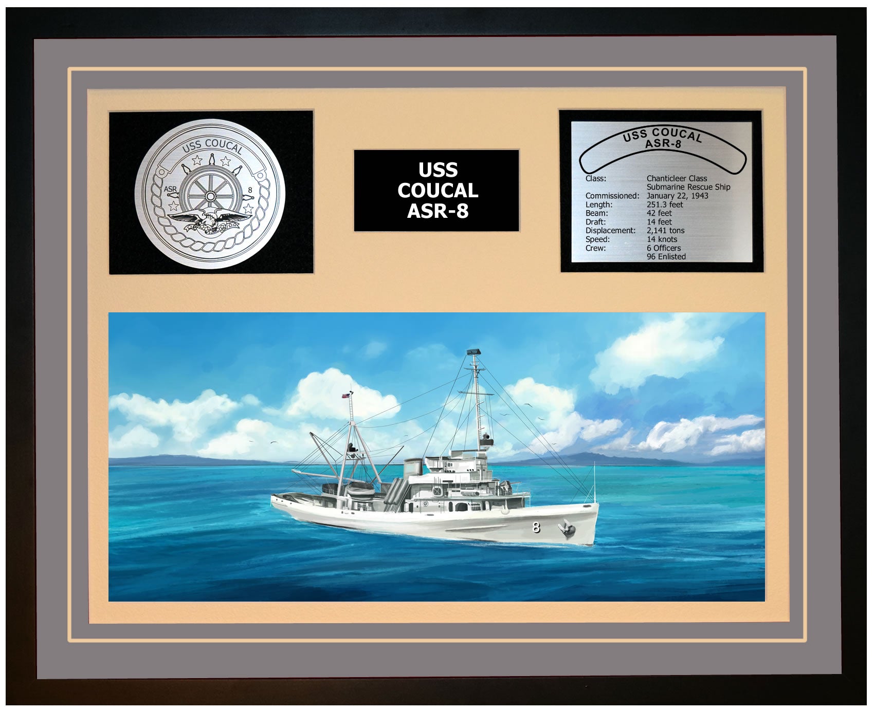 USS COUCAL ASR-8 Framed Navy Ship Display Grey