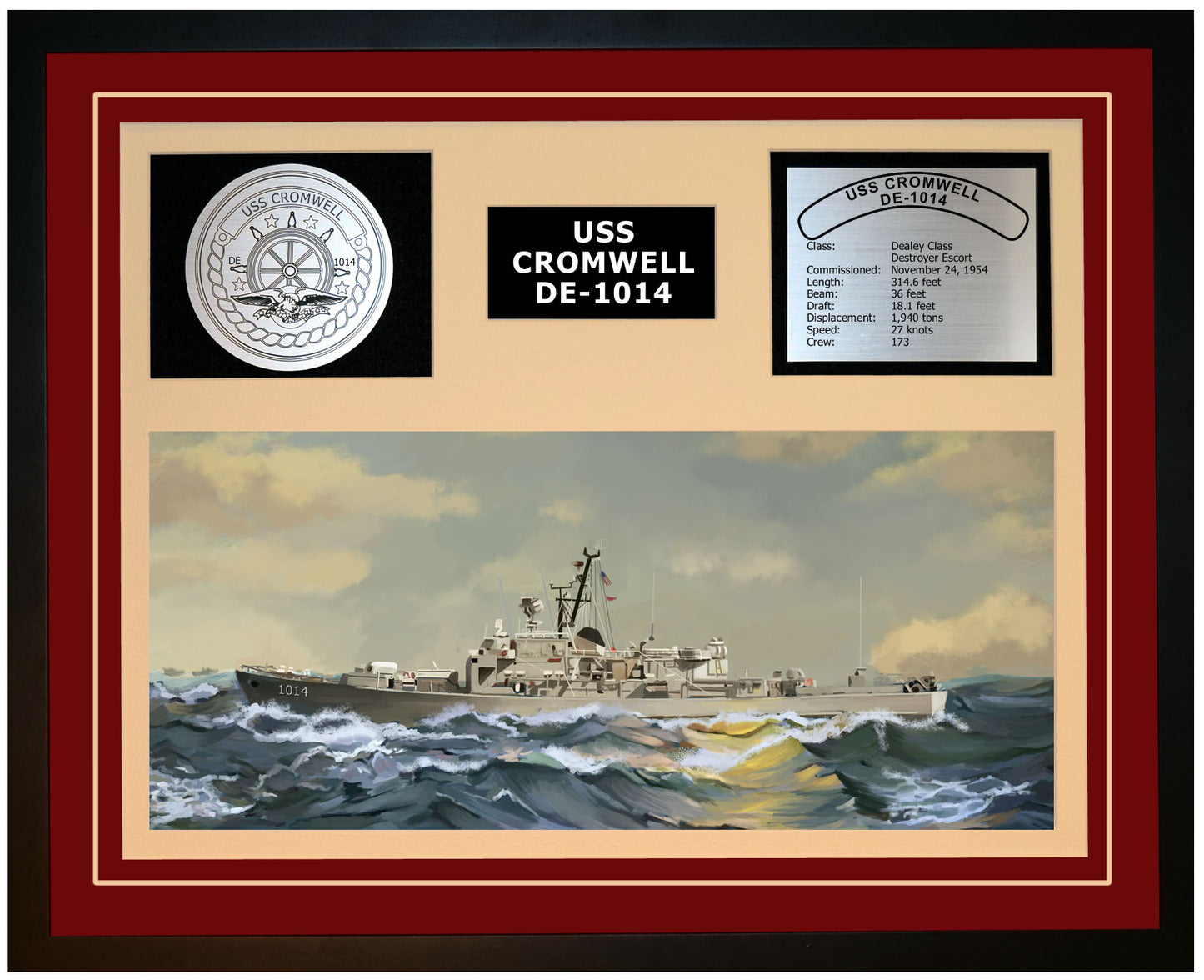 USS CROMWELL DE-1014 Framed Navy Ship Display Burgundy