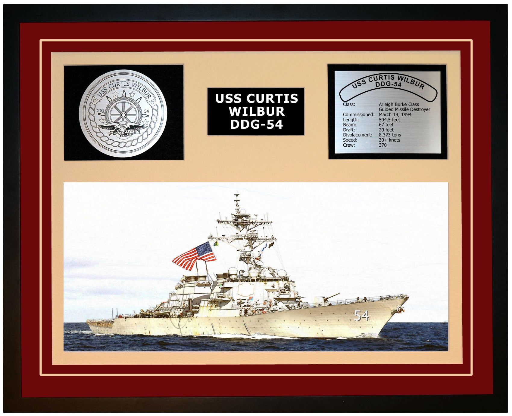 USS CURTIS WILBUR DDG-54 Framed Navy Ship Display Burgundy