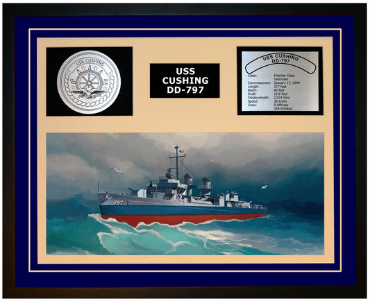 USS CUSHING DD-797 Framed Navy Ship Display Blue