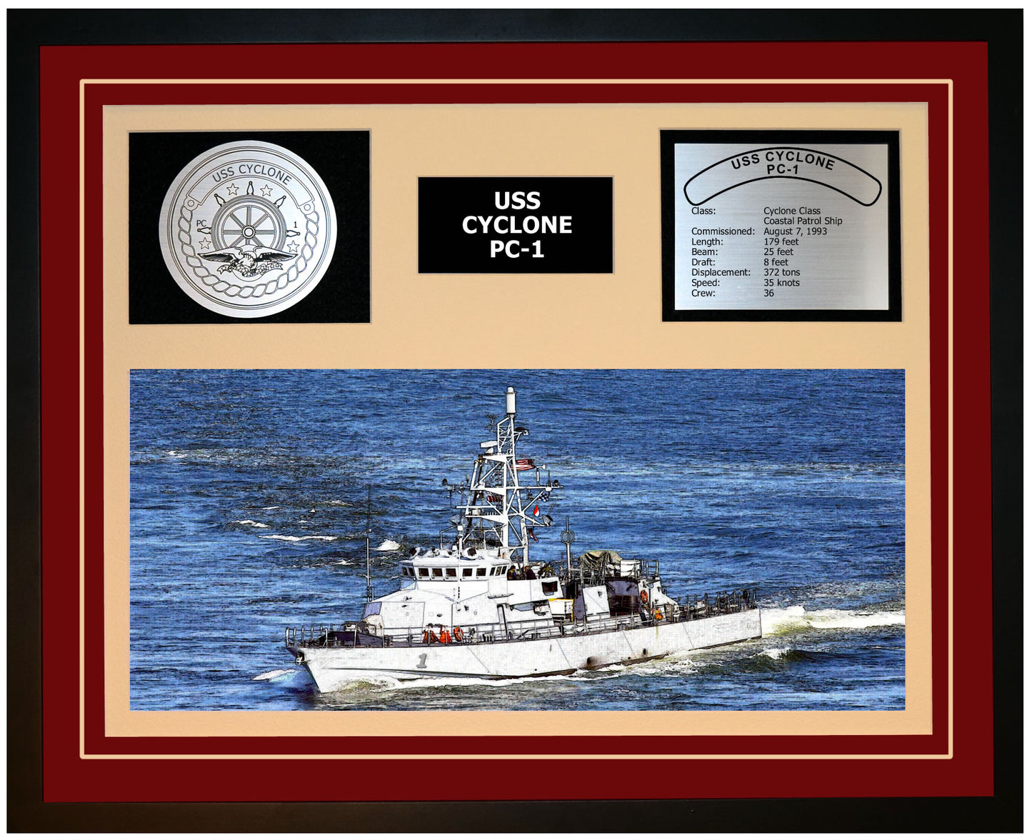 USS CYCLONE PC-1 Framed Navy Ship Display Burgundy