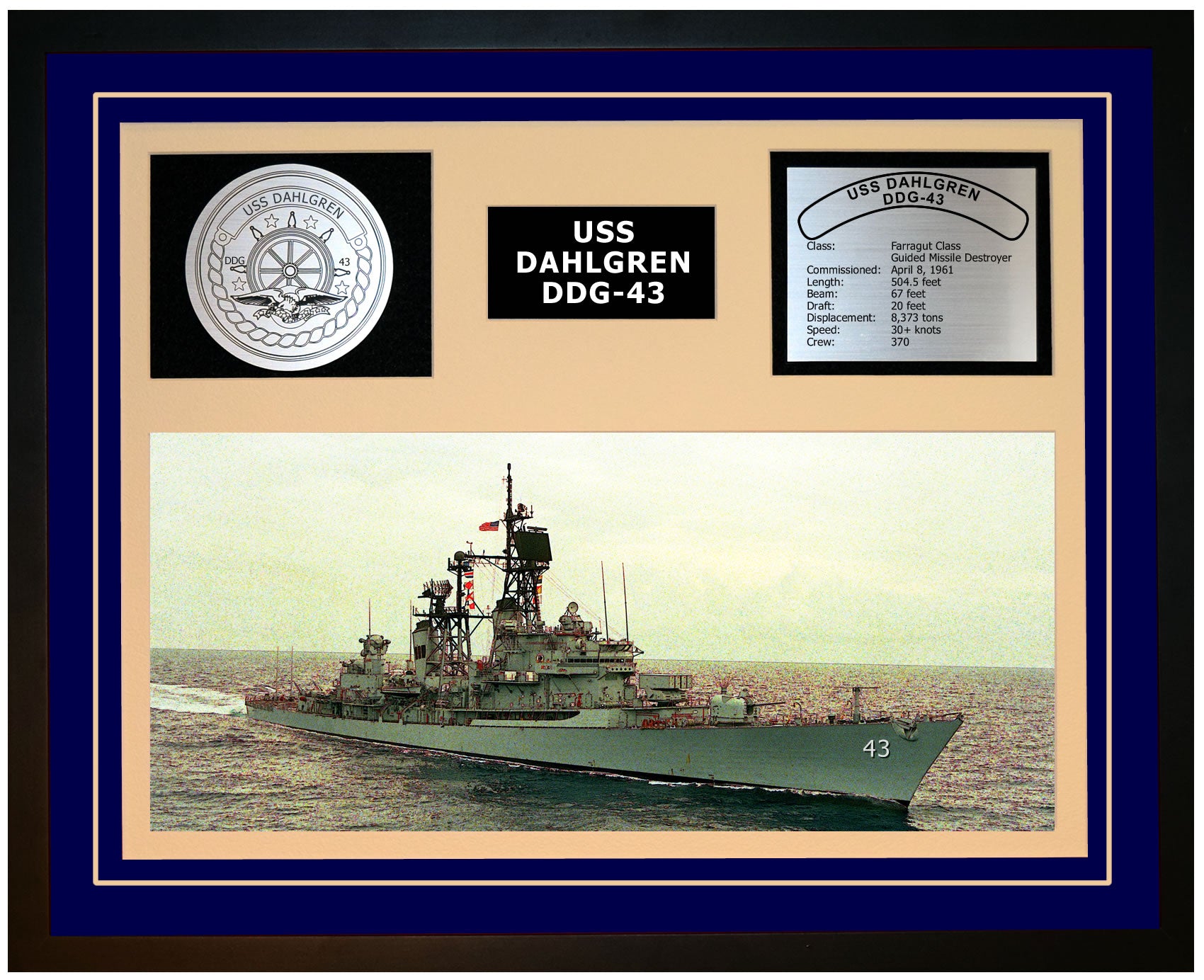 USS DAHLGREN DDG-43 Framed Navy Ship Display Blue