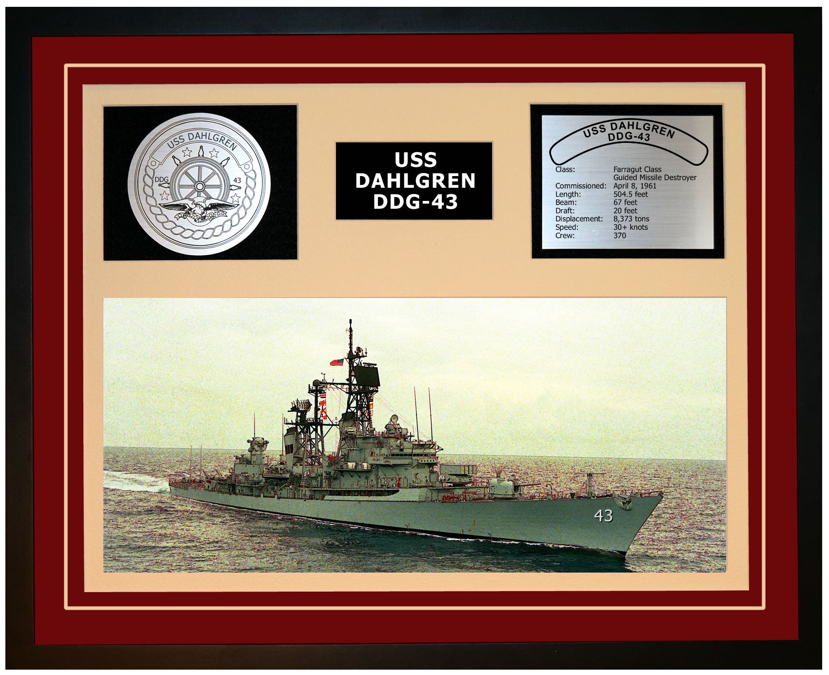 USS DAHLGREN DDG-43 Framed Navy Ship Display Burgundy