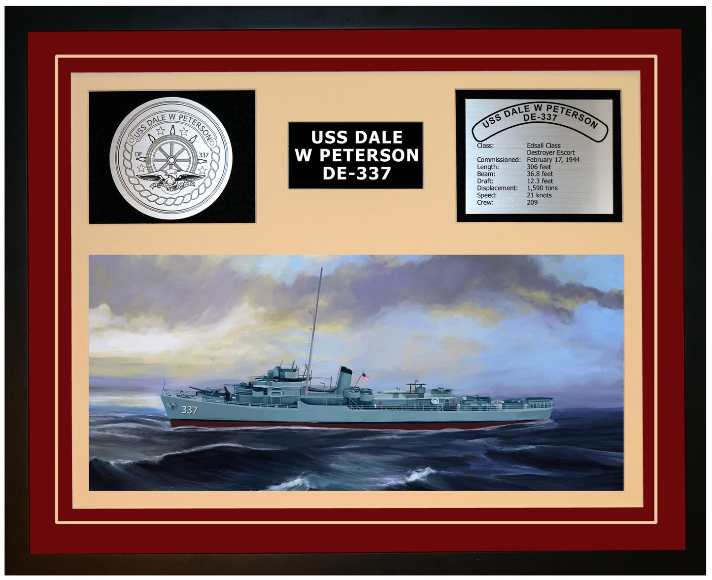 USS DALE W PETERSON DE-337 Framed Navy Ship Display Burgundy