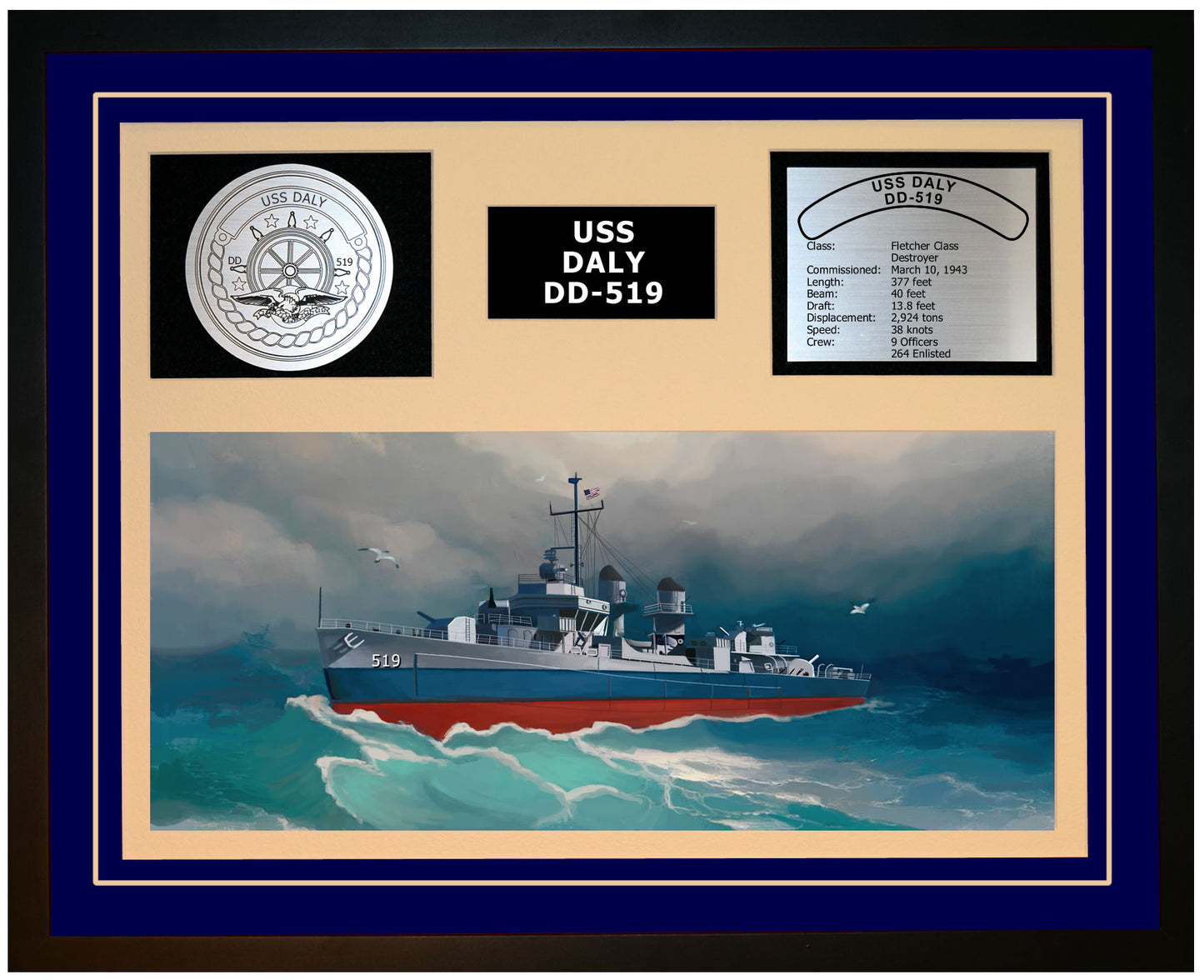 USS DALY DD-519 Framed Navy Ship Display Blue