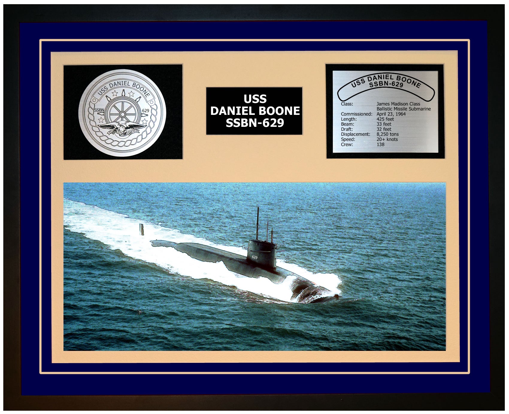 USS DANIEL BOONE SSBN-629 Framed Navy Ship Display Blue