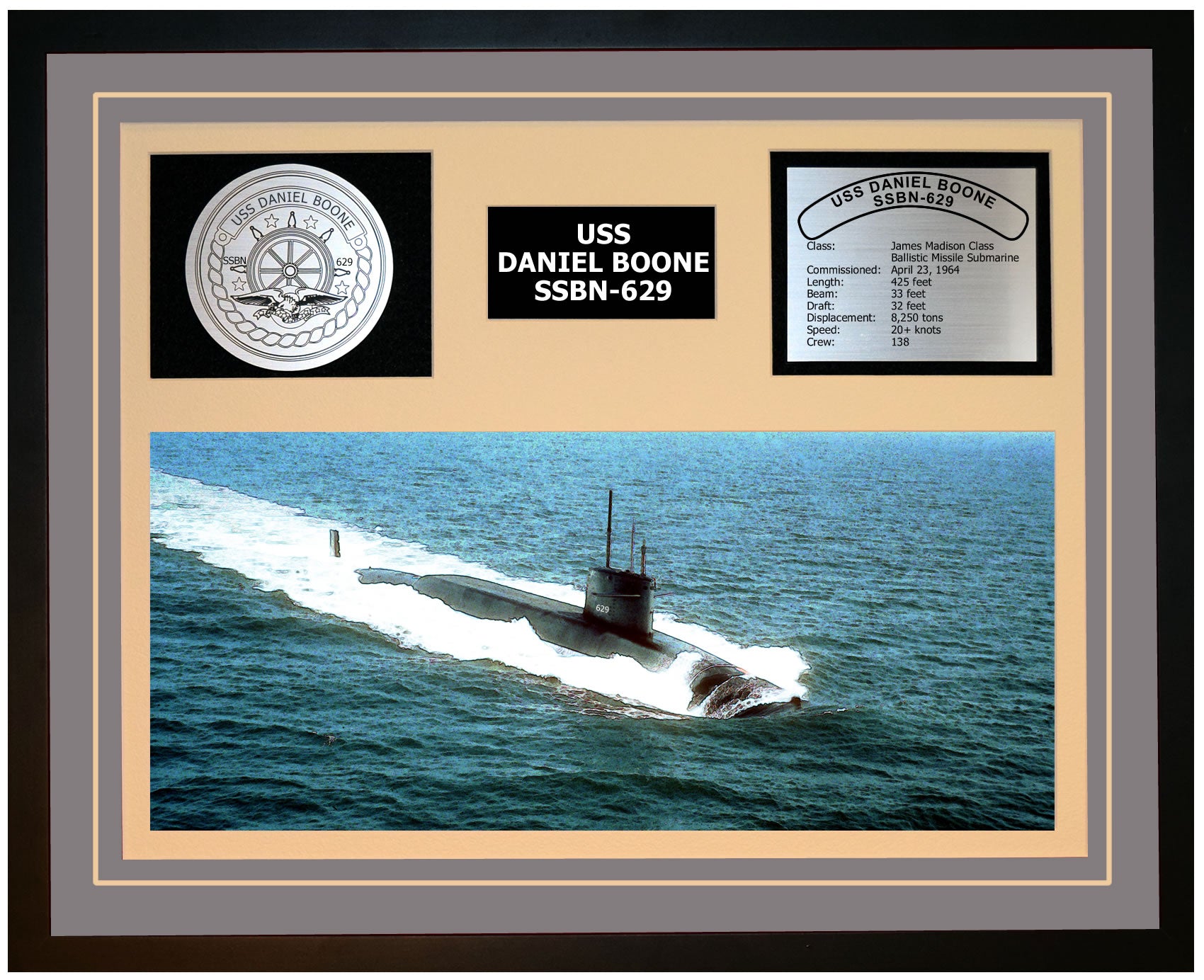 USS DANIEL BOONE SSBN-629 Framed Navy Ship Display Grey