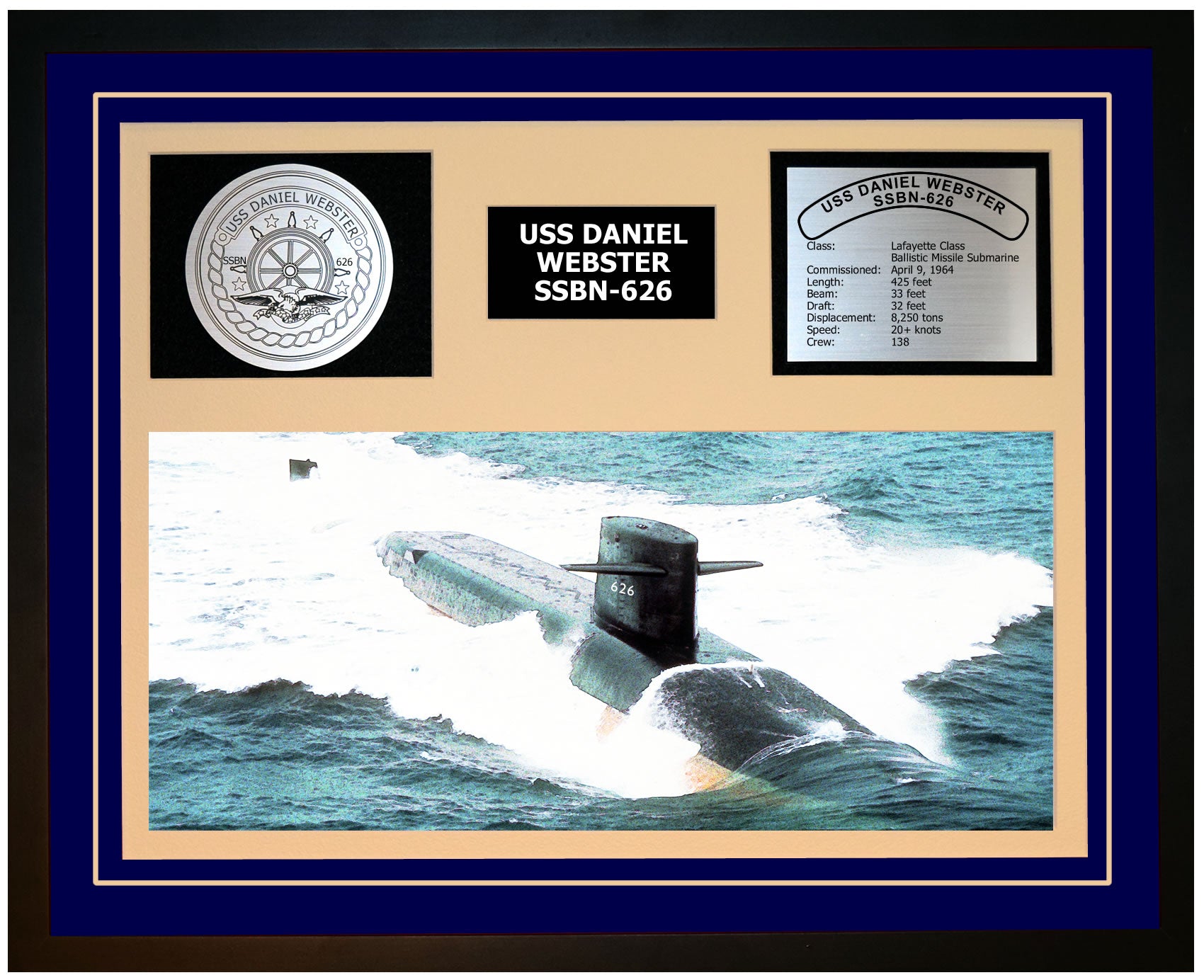 USS DANIEL WEBSTER SSBN-626 Framed Navy Ship Display Blue