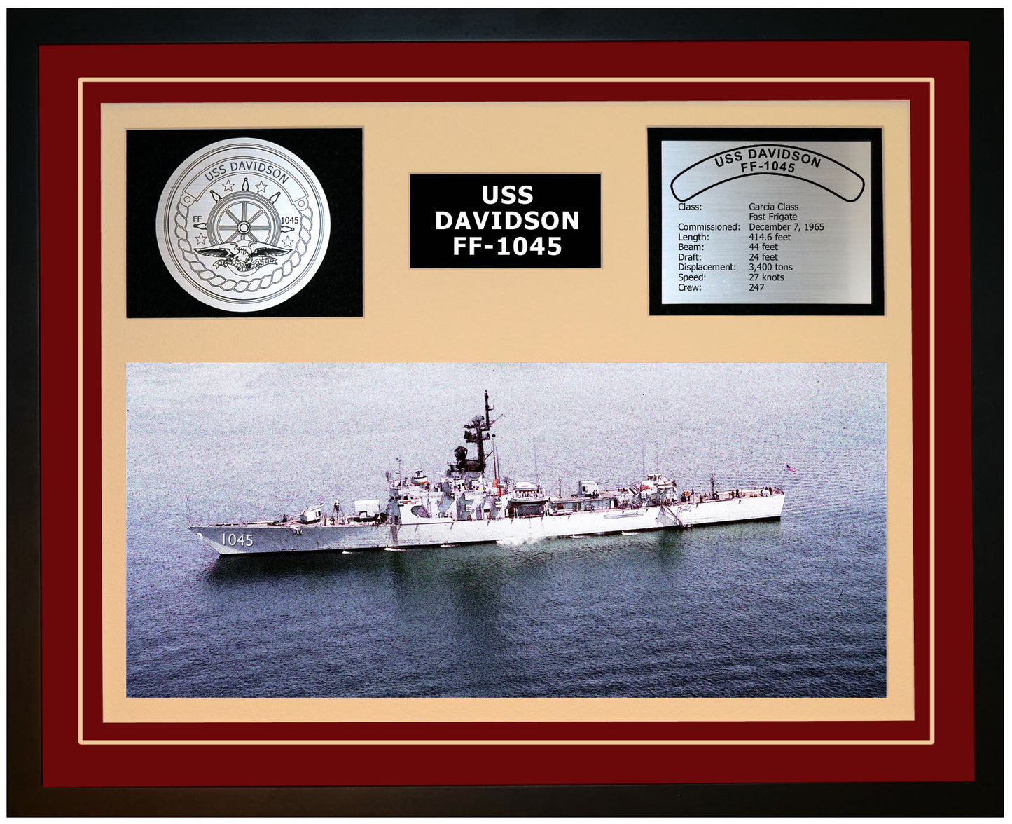 USS DAVIDSON FF-1045 Framed Navy Ship Display Burgundy