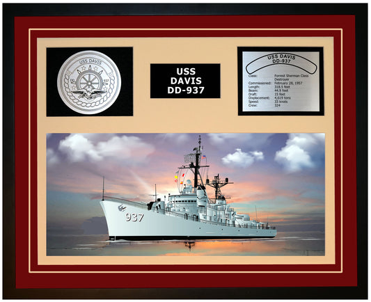 USS DAVIS DD-937 Framed Navy Ship Display Burgundy