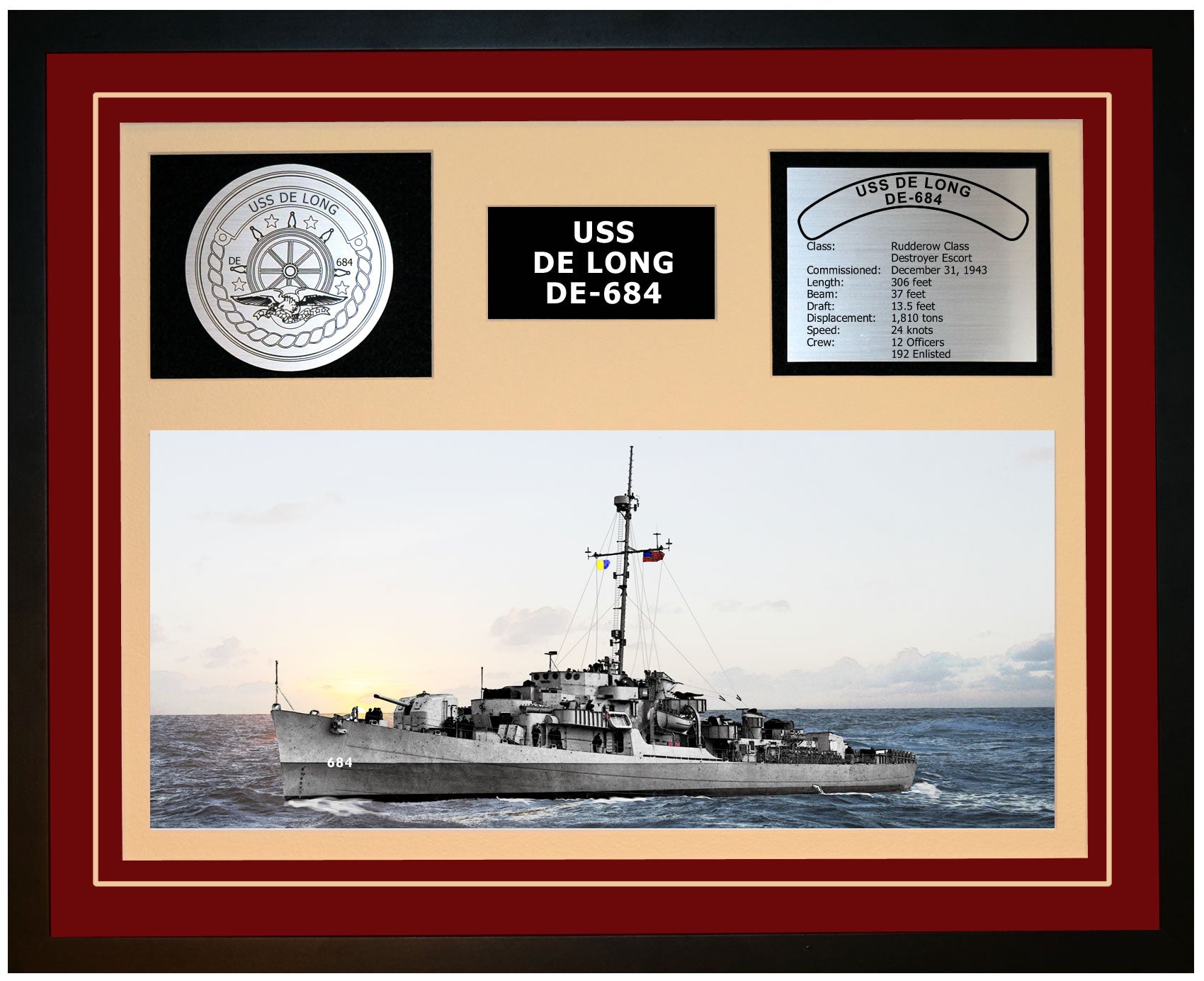 USS DE LONG DE-684 Framed Navy Ship Display Burgundy