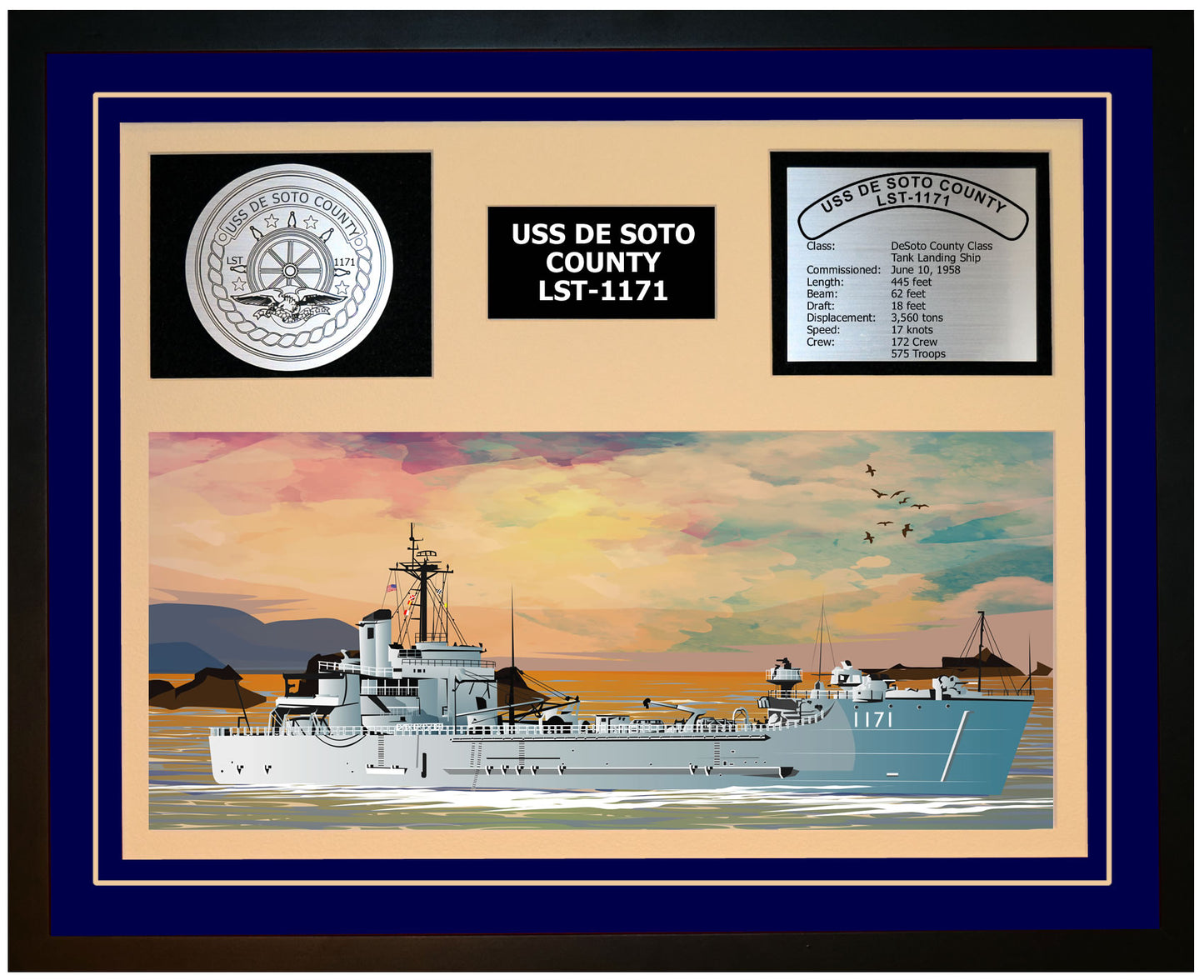 USS DE SOTO COUNTY LST-1171 Framed Navy Ship Display Blue