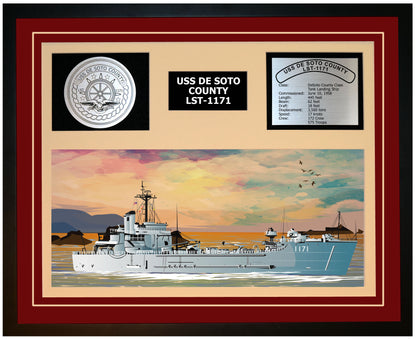 USS DE SOTO COUNTY LST-1171 Framed Navy Ship Display Burgundy