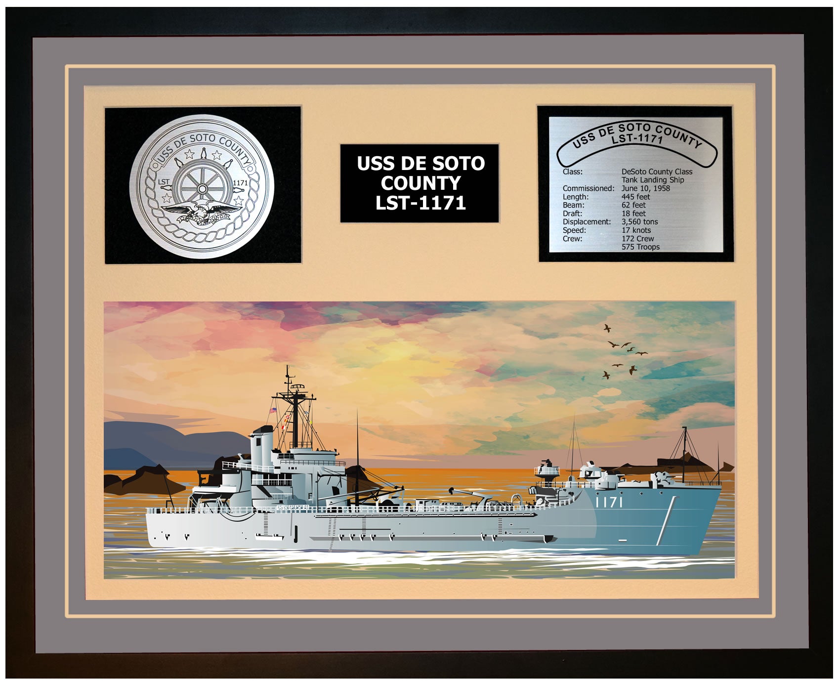 USS DE SOTO COUNTY LST-1171 Framed Navy Ship Display Grey