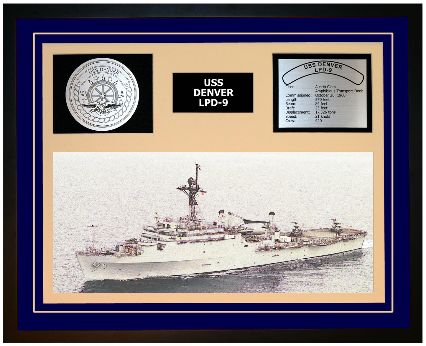 USS DENVER LPD-9 Framed Navy Ship Display Blue