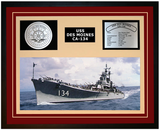 USS DES MOINES CA-134 Framed Navy Ship Display Burgundy