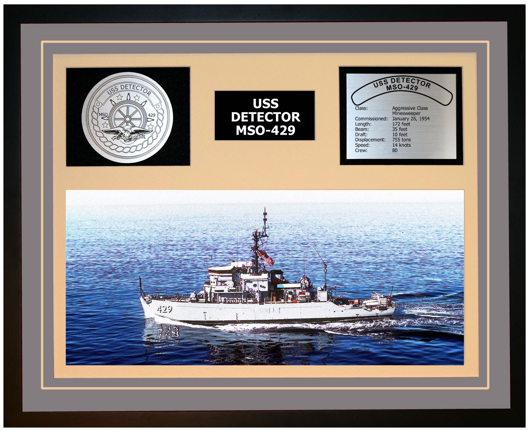 USS DETECTOR MSO-429 Framed Navy Ship Display Grey
