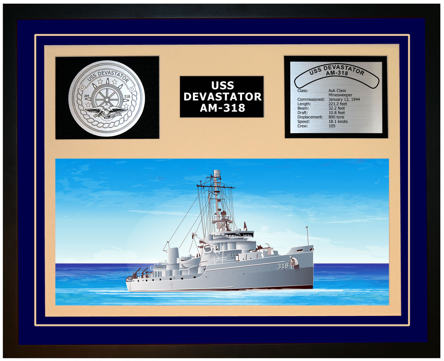 USS DEVASTATOR AM-318 Framed Navy Ship Display Blue