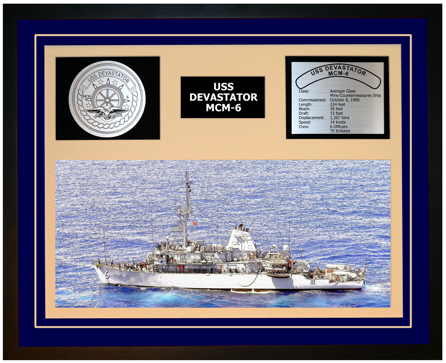 USS DEVASTATOR MCM-6 Framed Navy Ship Display Blue