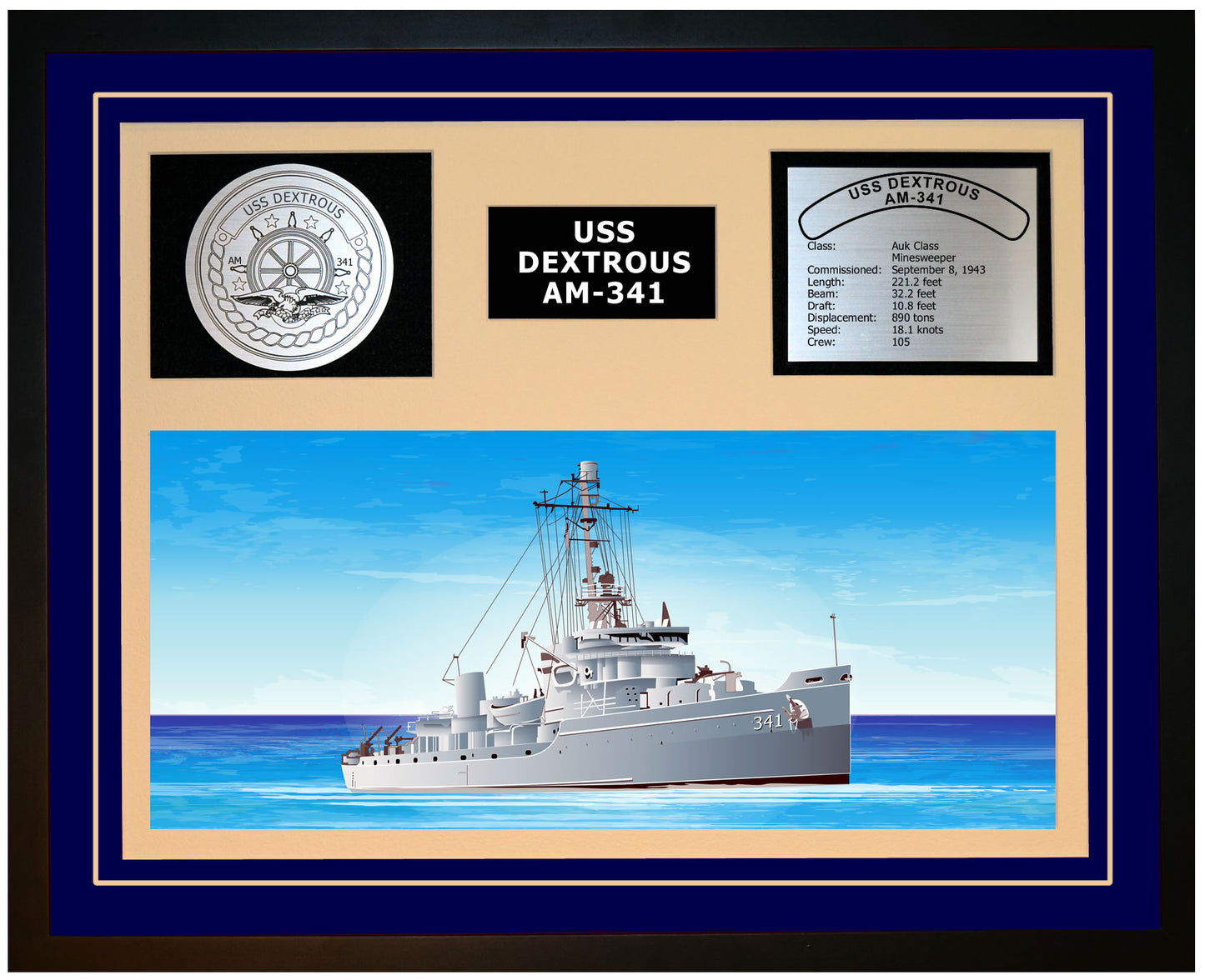 USS DEXTROUS AM-341 Framed Navy Ship Display Blue