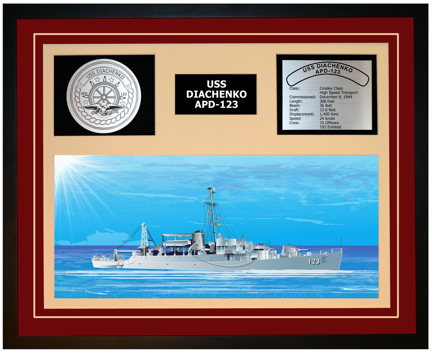 USS DIACHENKO APD-123 Framed Navy Ship Display Burgundy