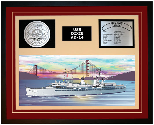 USS DIXIE AD-14 Framed Navy Ship Display Burgundy