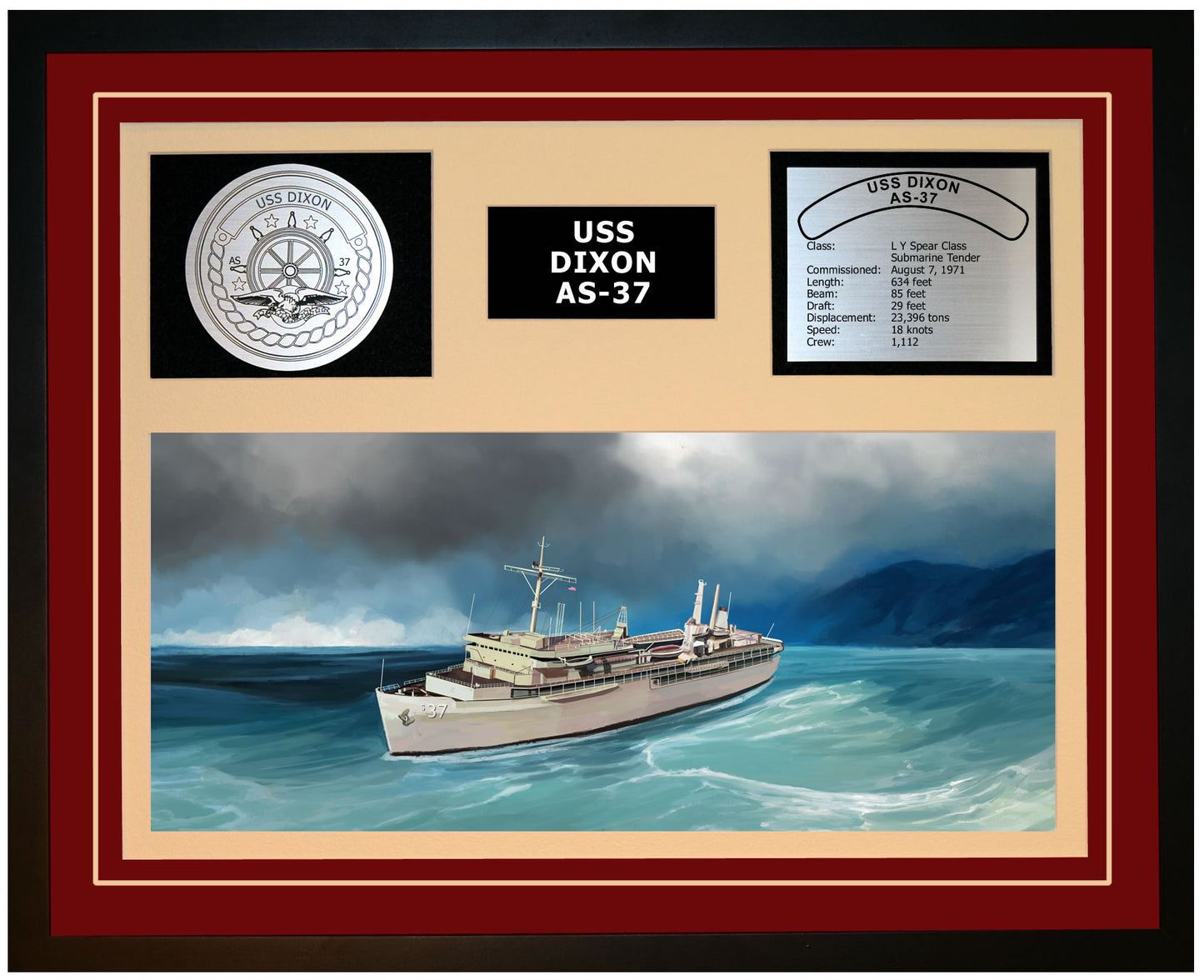 USS DIXON AS-37 Framed Navy Ship Display Burgundy