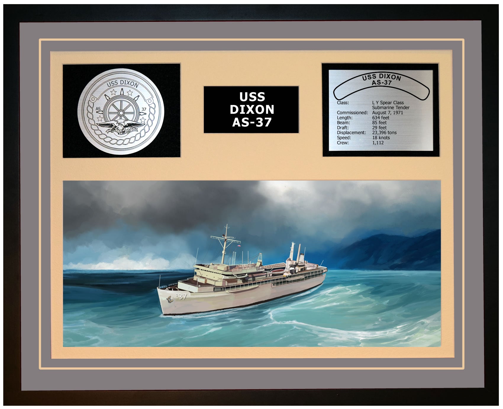 USS DIXON AS-37 Framed Navy Ship Display Grey