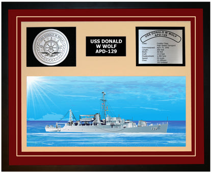 USS DONALD W WOLF APD-129 Framed Navy Ship Display Burgundy