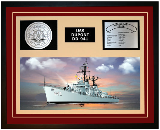 USS DUPONT DD-941 Framed Navy Ship Display Burgundy