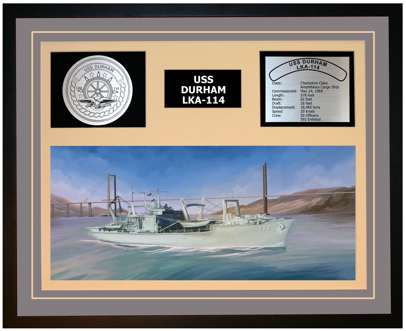 USS DURHAM LKA-114 Framed Navy Ship Display Grey