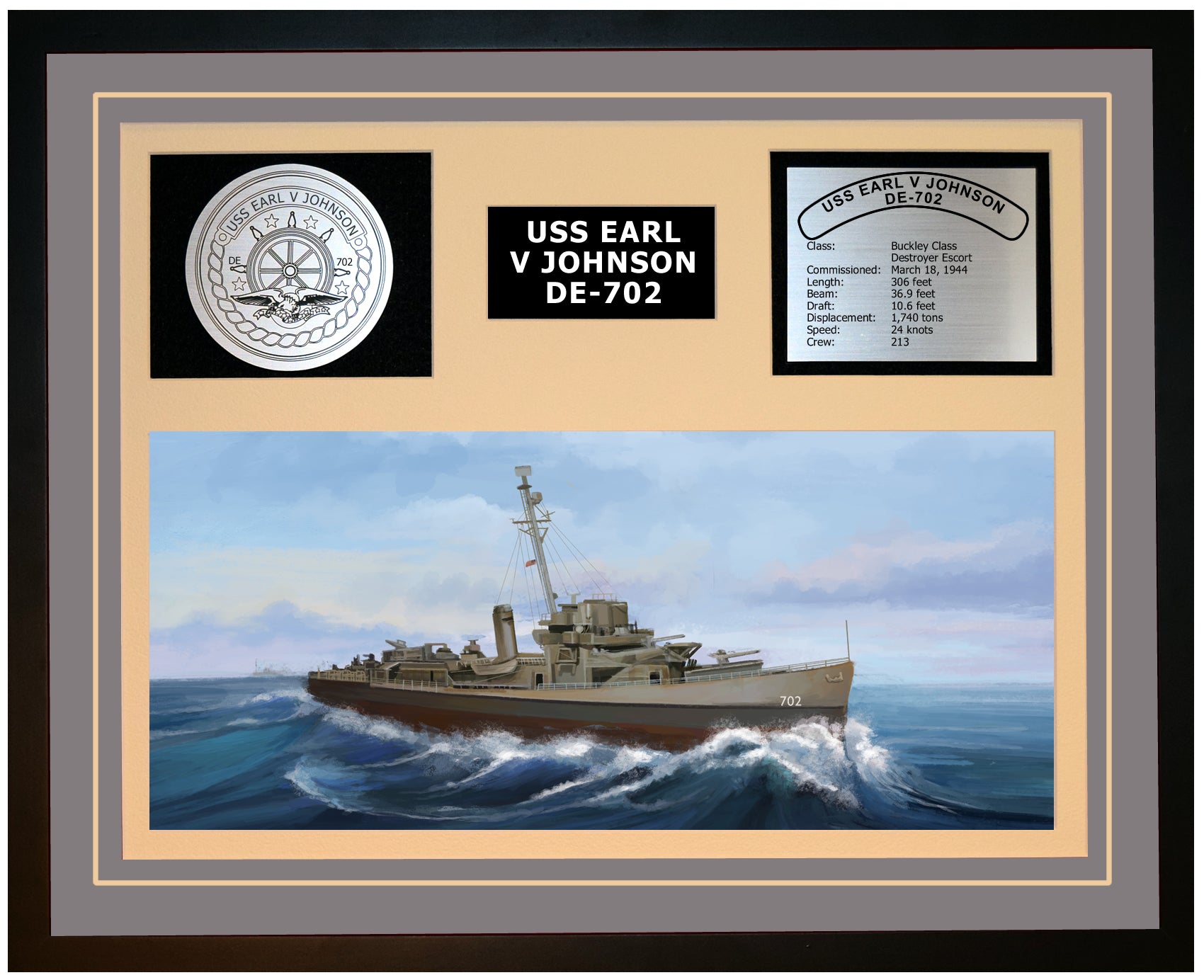 USS EARL V JOHNSON DE-702 Framed Navy Ship Display Grey