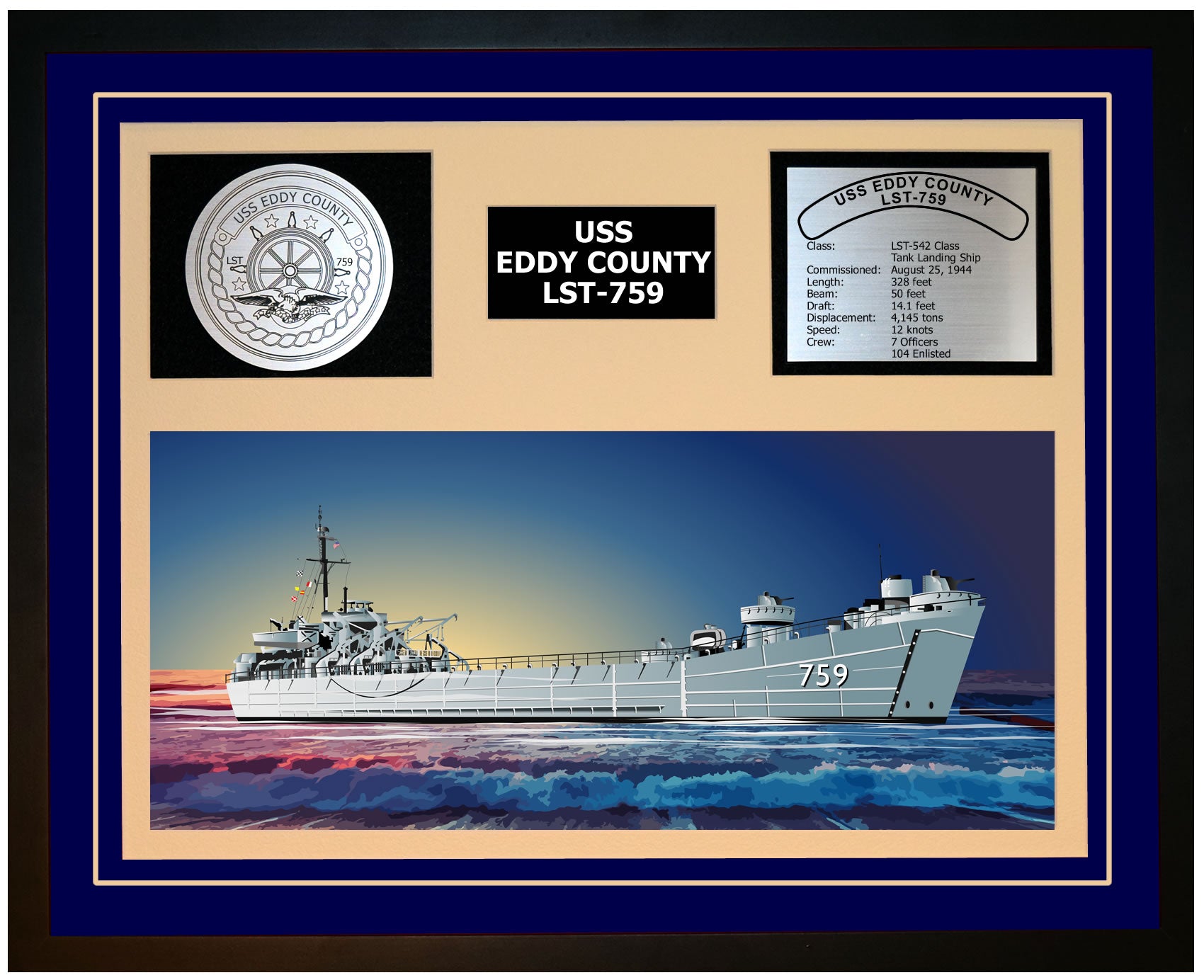 USS EDDY COUNTY LST-759 Framed Navy Ship Display Blue