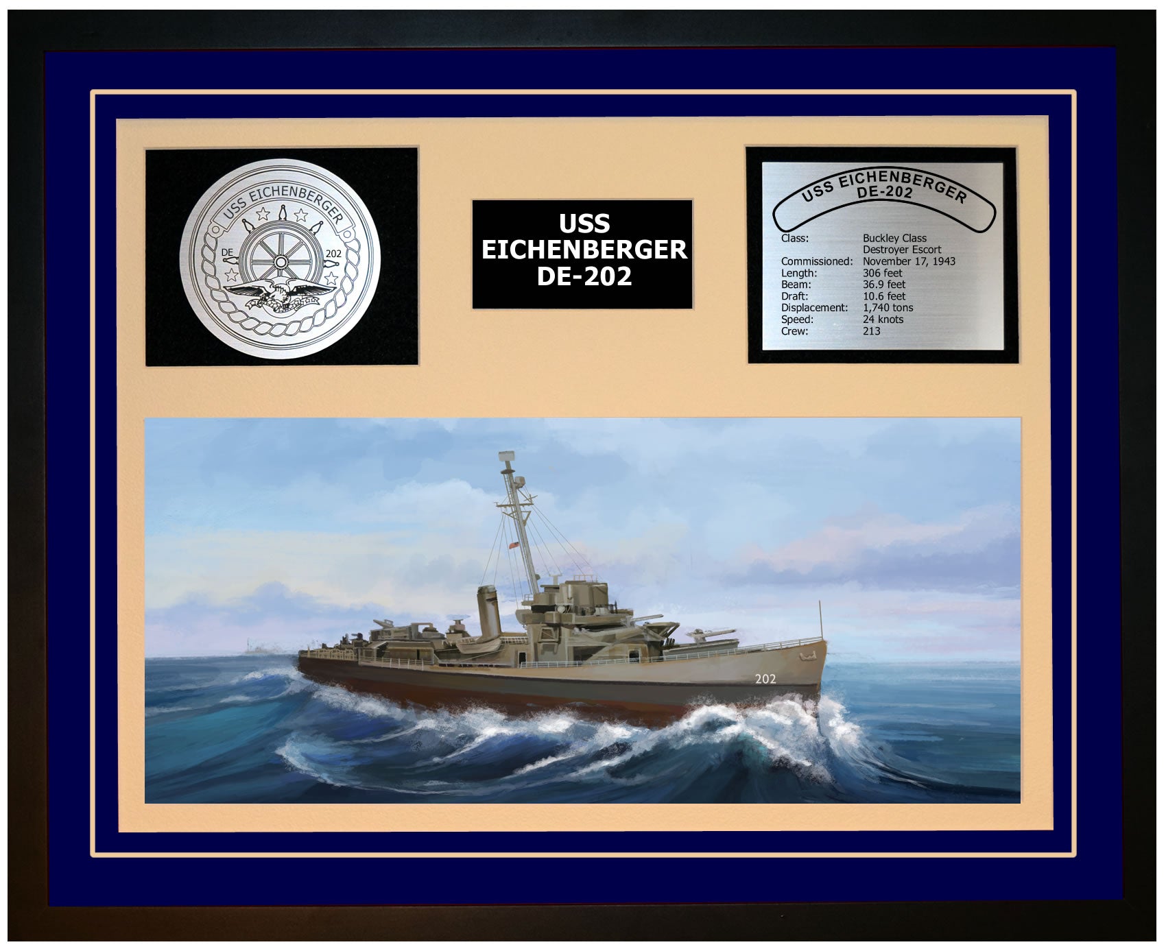 USS EICHENBERGER DE-202 Framed Navy Ship Display Blue