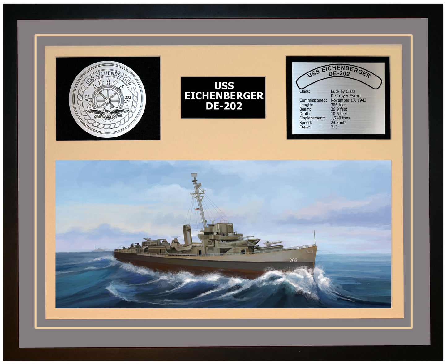 USS EICHENBERGER DE-202 Framed Navy Ship Display Grey