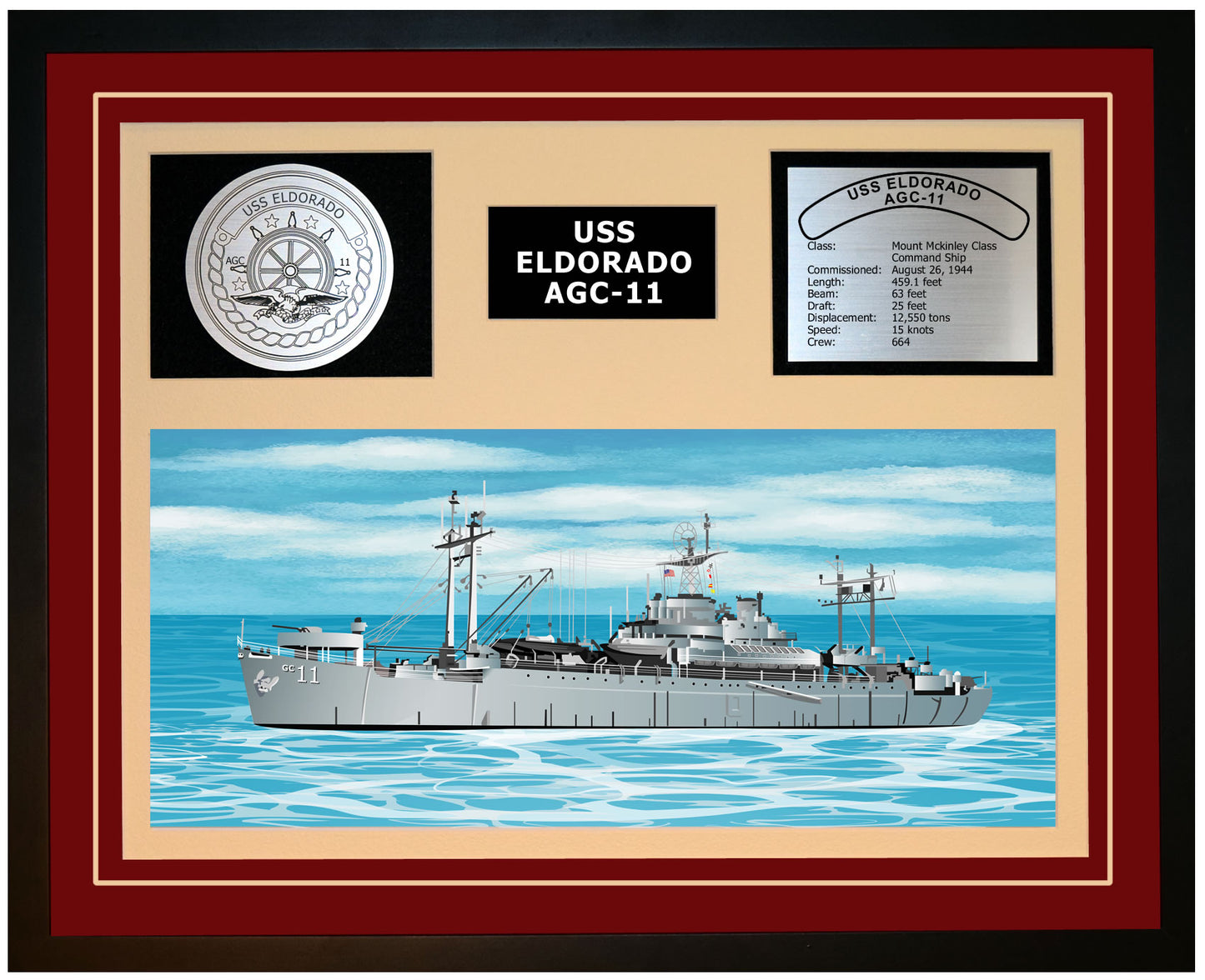 USS ELDORADO AGC-11 Framed Navy Ship Display Burgundy