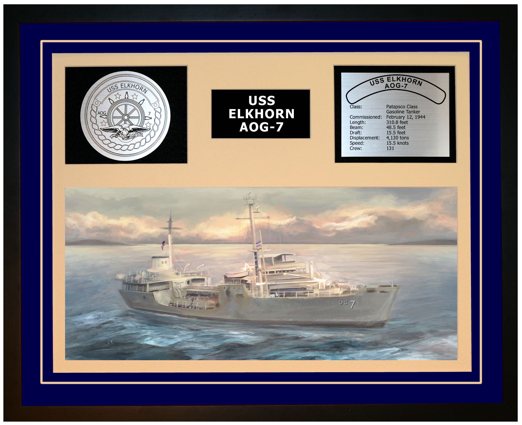 USS ELKHORN AOG-7 Framed Navy Ship Display Blue