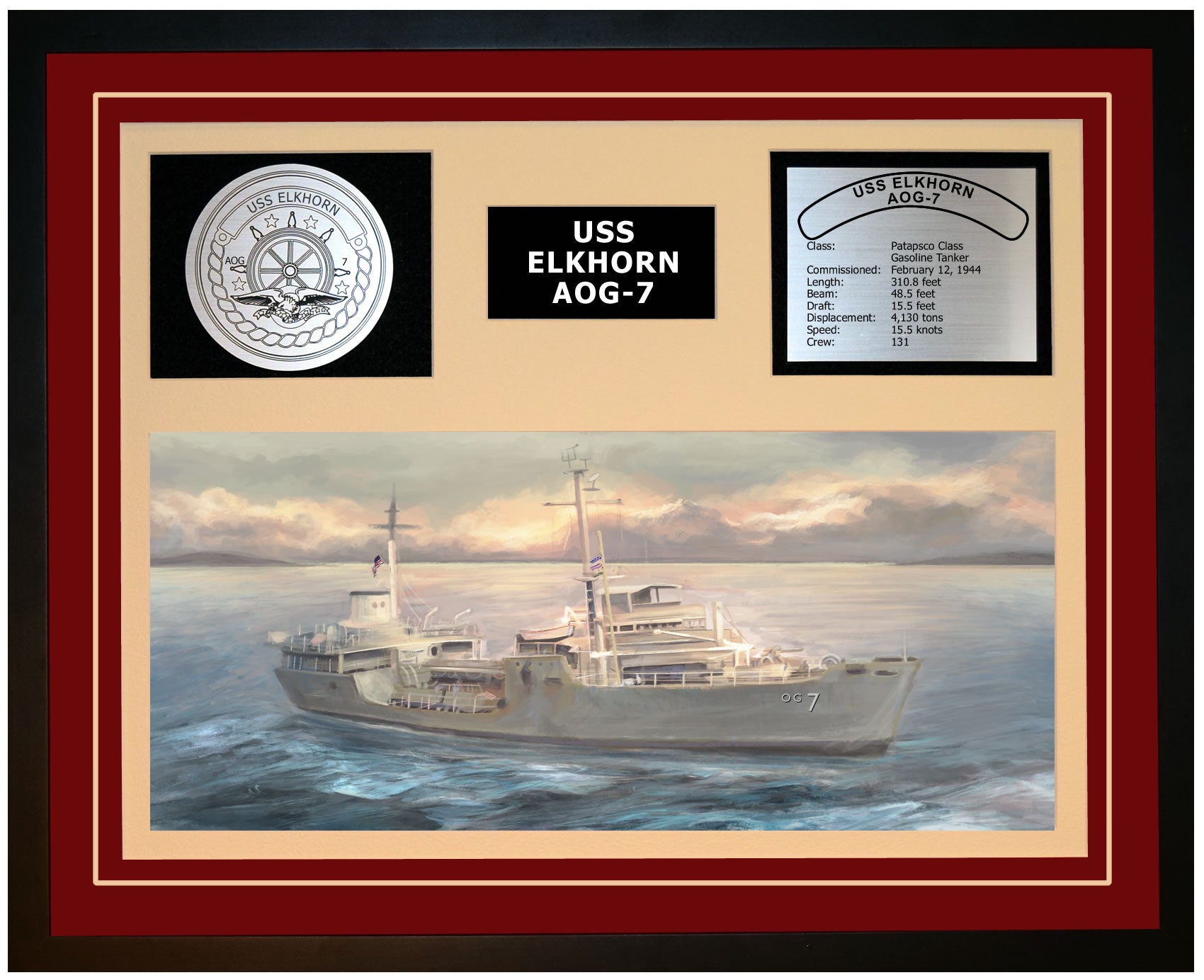 USS ELKHORN AOG-7 Framed Navy Ship Display Burgundy