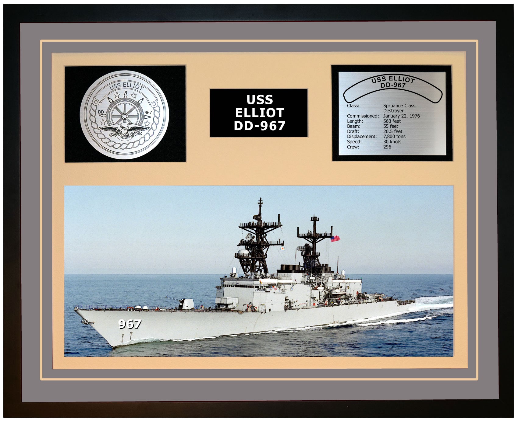 USS ELLIOT DD-967 Framed Navy Ship Display Grey